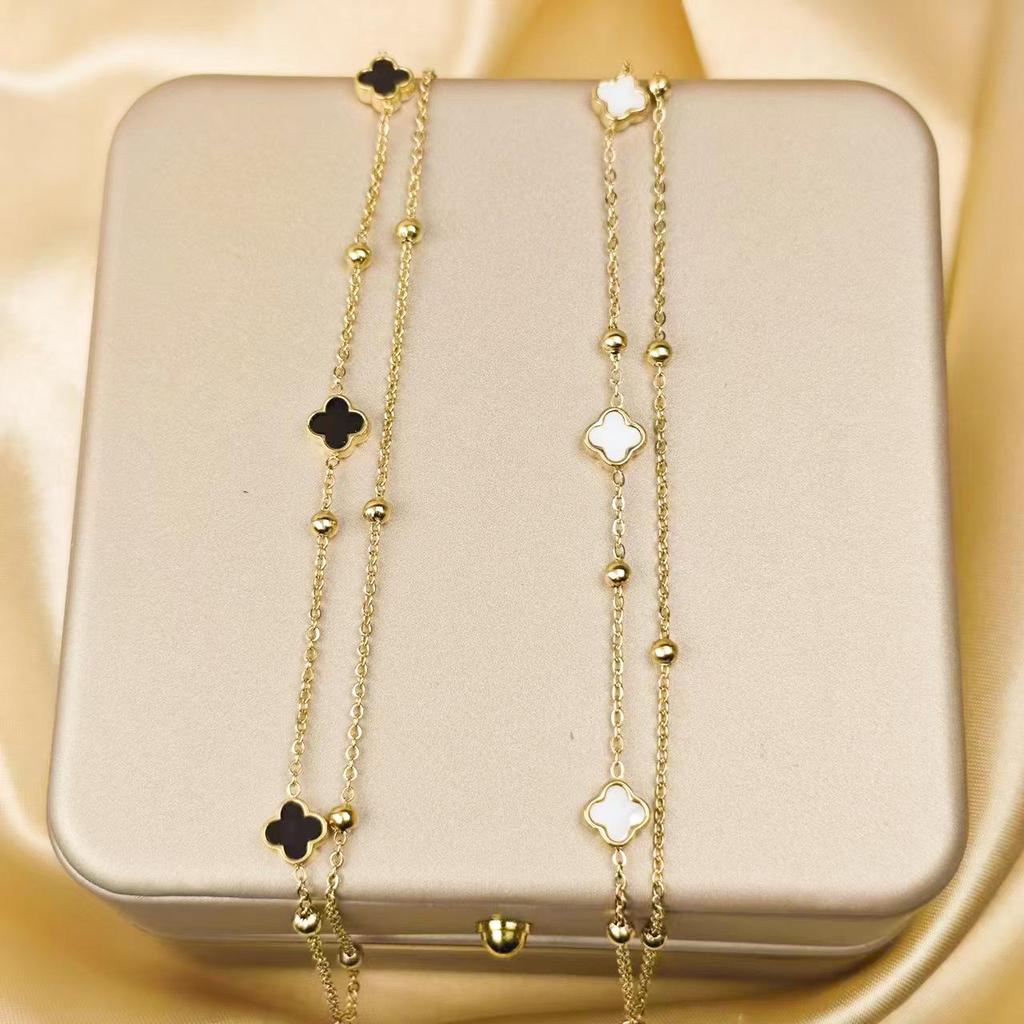 Four-Leaf Clover Double-Layer Titanium Steel Bracelet - Versatile High-End Fashion Jewelry