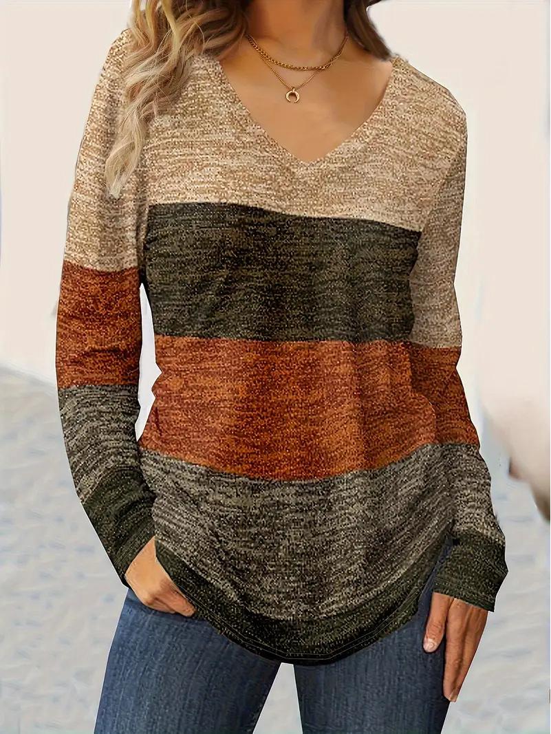 

Женская футболка с длинным рукавом и V-образным вырезом в стиле колор-блок 2025 - Европейский и американский кэжуал на осень S льняной