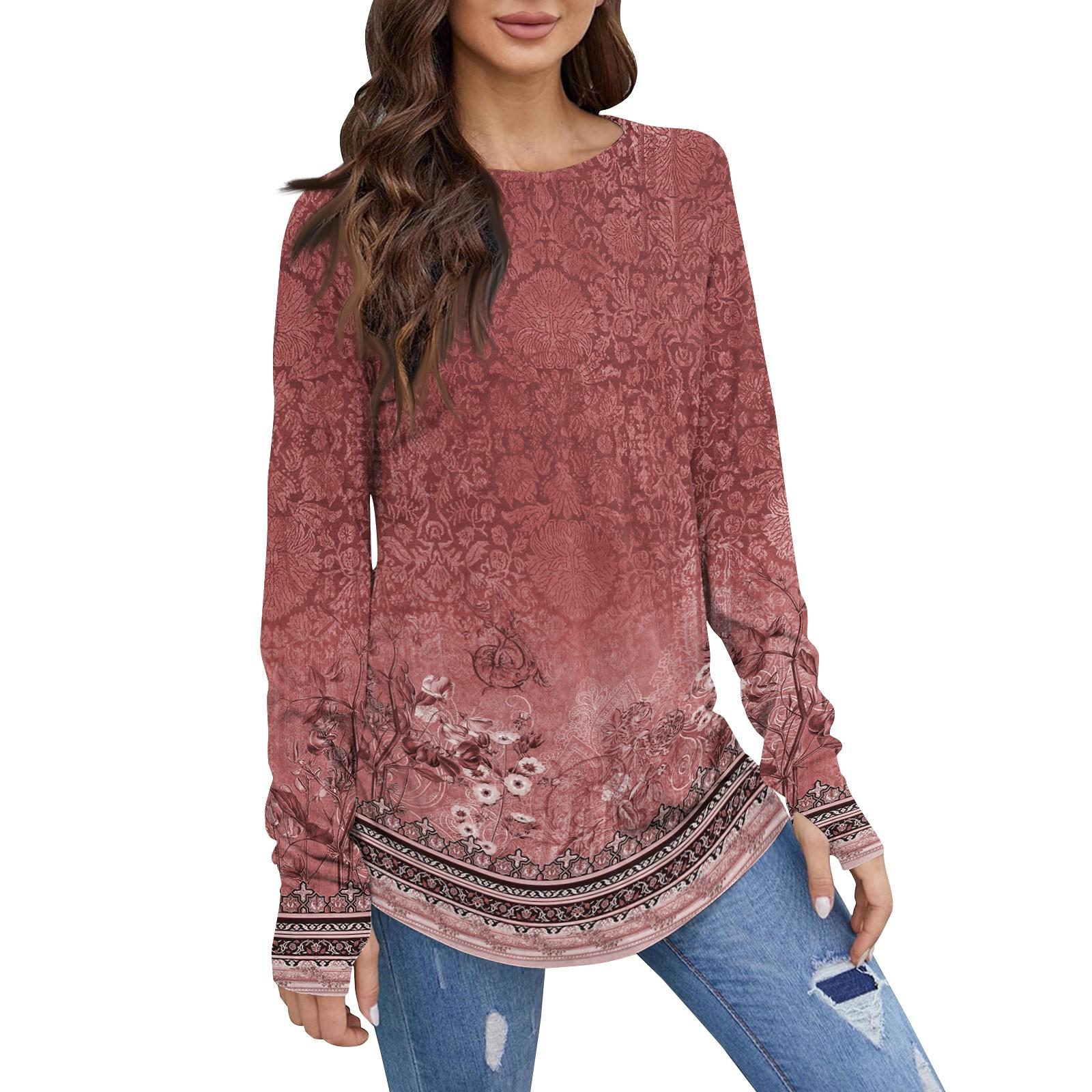 

Женская свободная футболка средней длины с круглым вырезом и длинными рукавами в стиле ретро, ​​топ с дырявым большим пальцем XL красный