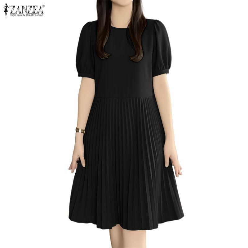 ZANZEA Women Daily Casual Round Neck Solid Color Short Sleeve Dress