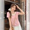 High-end Design Three-dimensional Flower Round Neck Front Shoulder Short-sleeved T-shirt Women's Summer Pink Sweet and Chic New Top