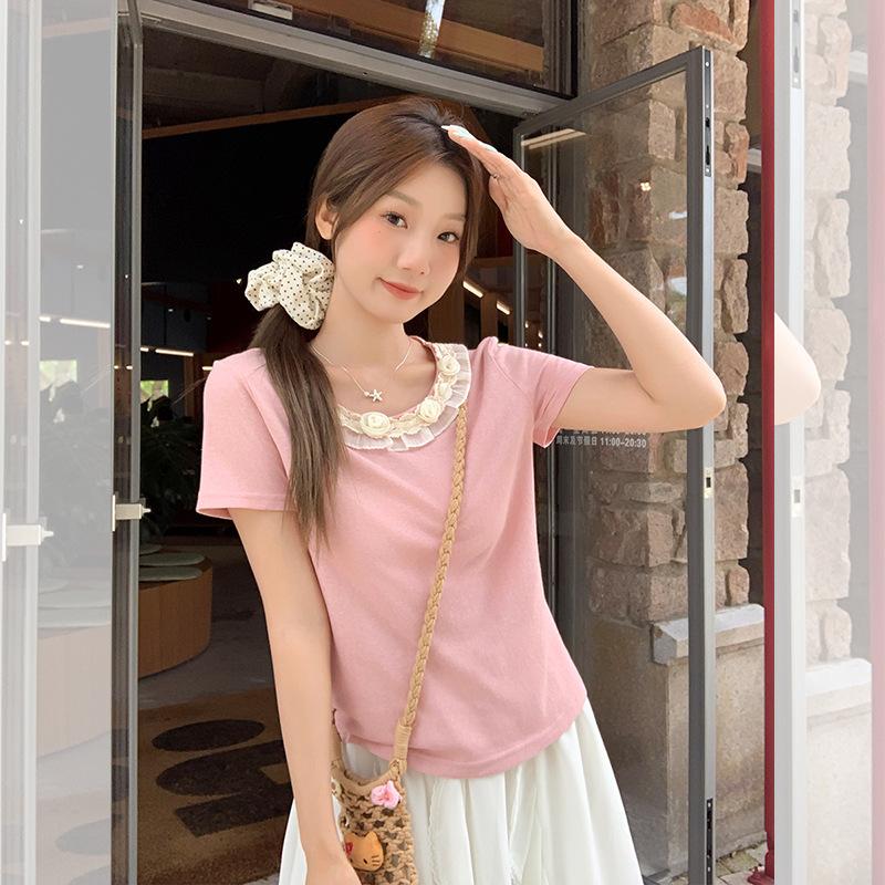 High-end Design Three-dimensional Flower Round Neck Front Shoulder Short-sleeved T-shirt Women's Summer Pink Sweet and Chic New Top