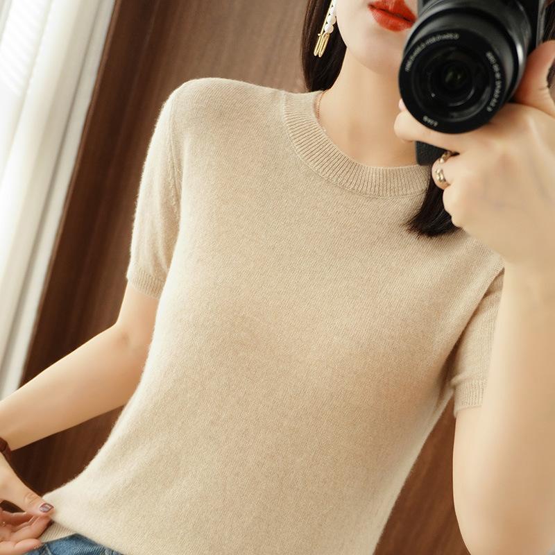 

New Crew Neck Loose Versatile Crew Neck Half Sleeve Thin Knitted T-Shirt Top S