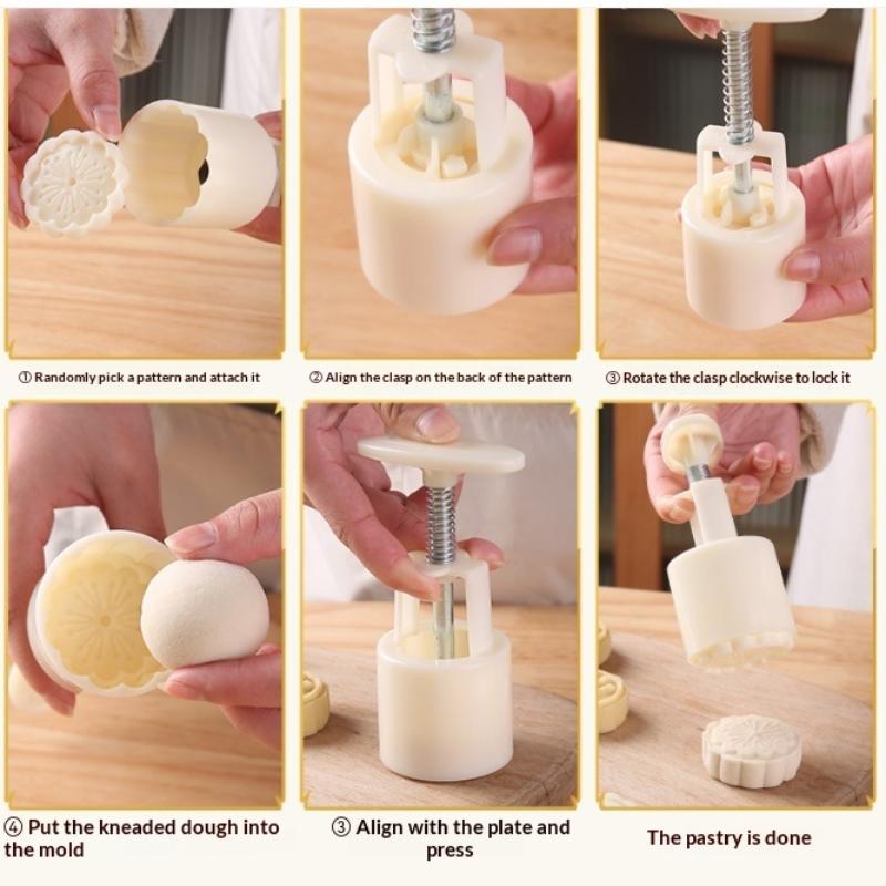 Mooncake Mold Plastic Hand-Pressure Cookie Stamps Flower Cherry Lion Pattern Plungers Pastry Decoration Tool Mid-Autumn Festival
