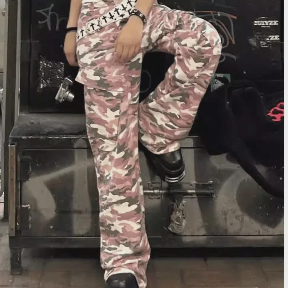 Men's Retro Pink Camo Hiphop Cargo Pants - Loose Fit, Wide-Leg Lumberjack Style