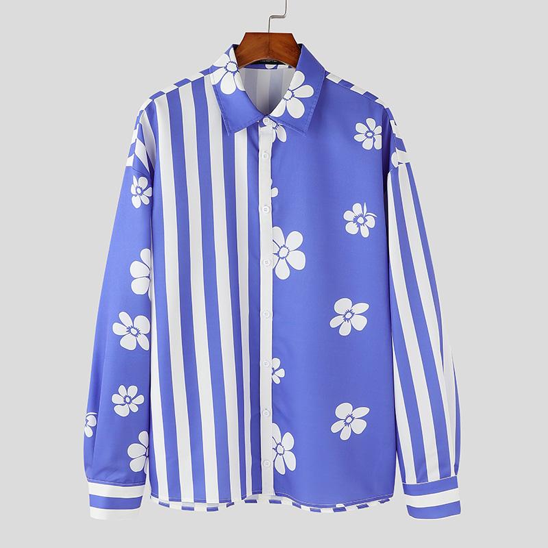 

INCERUN Мужские весенние рубашки с цветочным принтом и длинным рукавом, повседневные топы с лацканами M