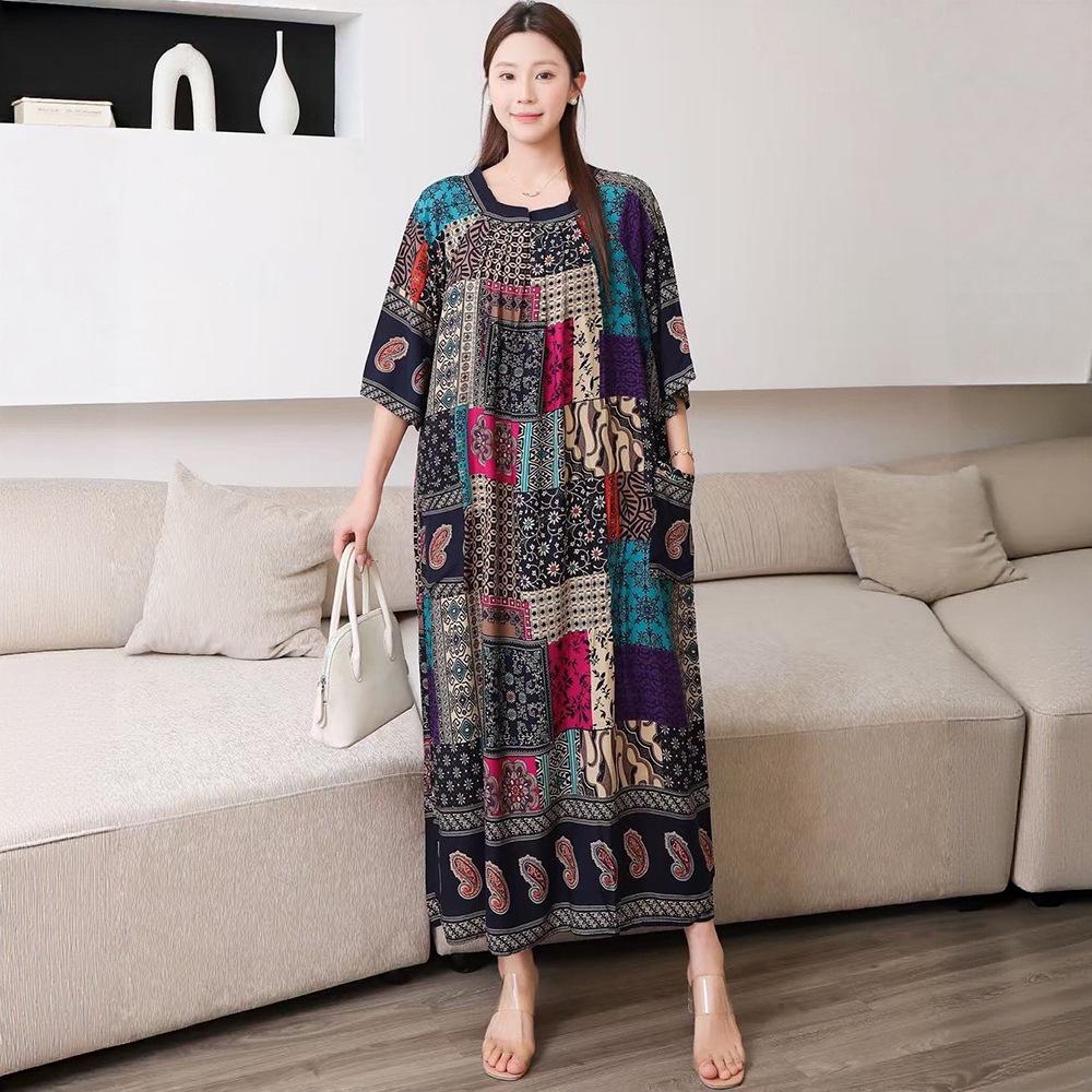 

Cotton Silk Floral Maternity Dress - Round Neck, Mid-Sleeve, Plus Size, Loose Fit One Size (fits up to 100 kg)