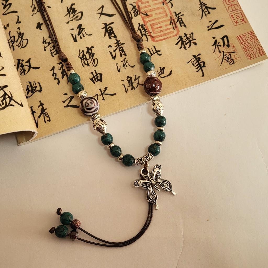 Qingge Ethnic Style Necklace, Retro Versatile Butterfly Color Glaze Pendant, Sweater Chain, Changchun Summer, Women'S Land