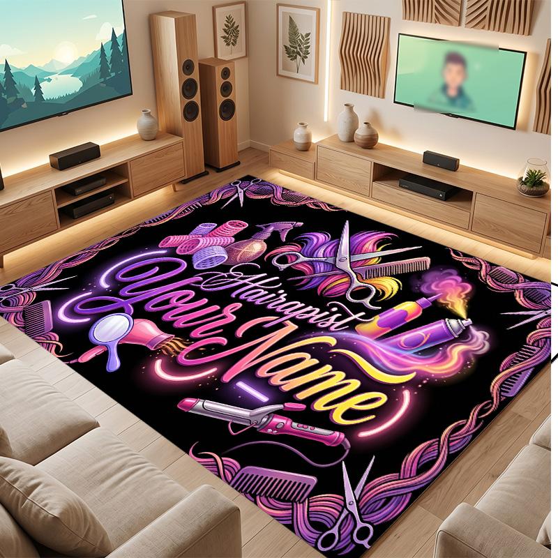 Barber Salon Theme Soft Crystal Velvet Rug Custom Name & Text Print Non Slip Floor Rug for Bedroom Living Room