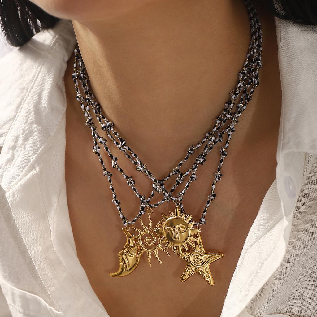 Stainless Steel Personality Sun Star Moon Pendant Necklace Creative Design Black And White Rope Necklace