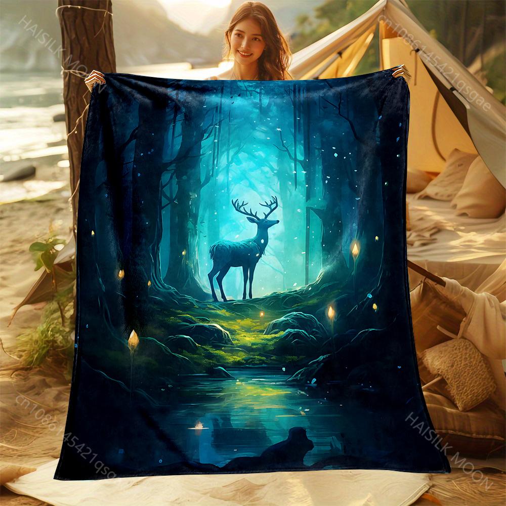 1PC Mysterious Deer In Forest Print Adult Children Warm Blankets Home Travel Car Soft and Comfortable Suitable for All Seasons