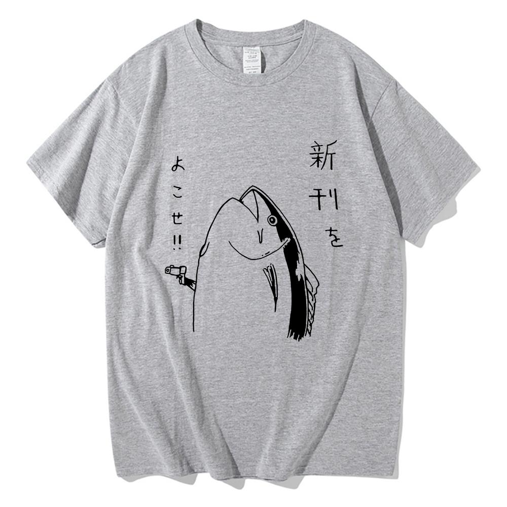 Harajuku Style Lovely Autumn All-purpose Top Fun Japanese Fish and Gun Design T-shirt Couples Unisex Cotton Design T-shirt