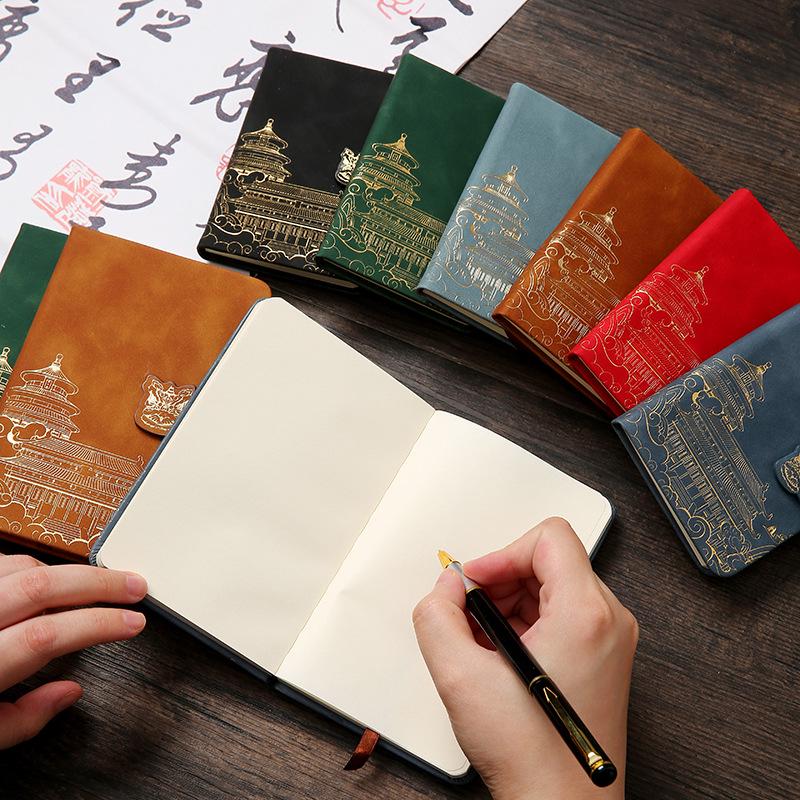 A5 Chinese Palace Museum Soft Leather Diary with Gold Stamping - Creative High-Value Buckle Pocket Notebook