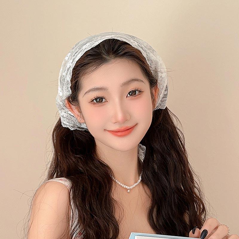 Summer Lace Headscarf Women Flower Embroidered Triangle Scarf Hair Band Sweet White Turban Headband Headwarp Hair Accessories