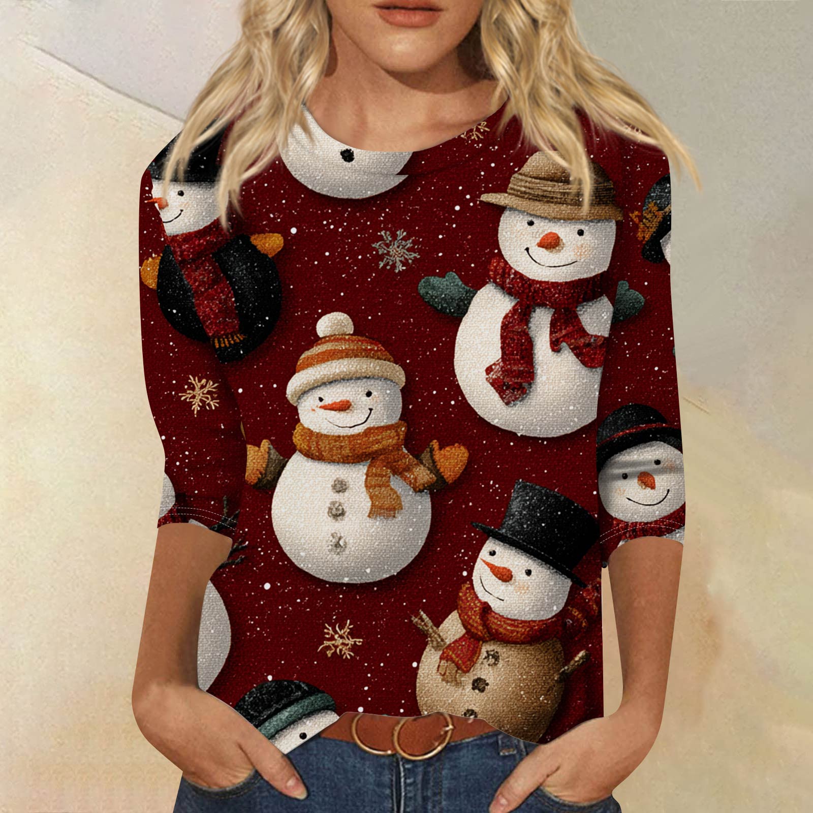 

Женская модная повседневная футболка с рукавом три четверти, принтом на Хэллоуин и круглым вырезом S винный