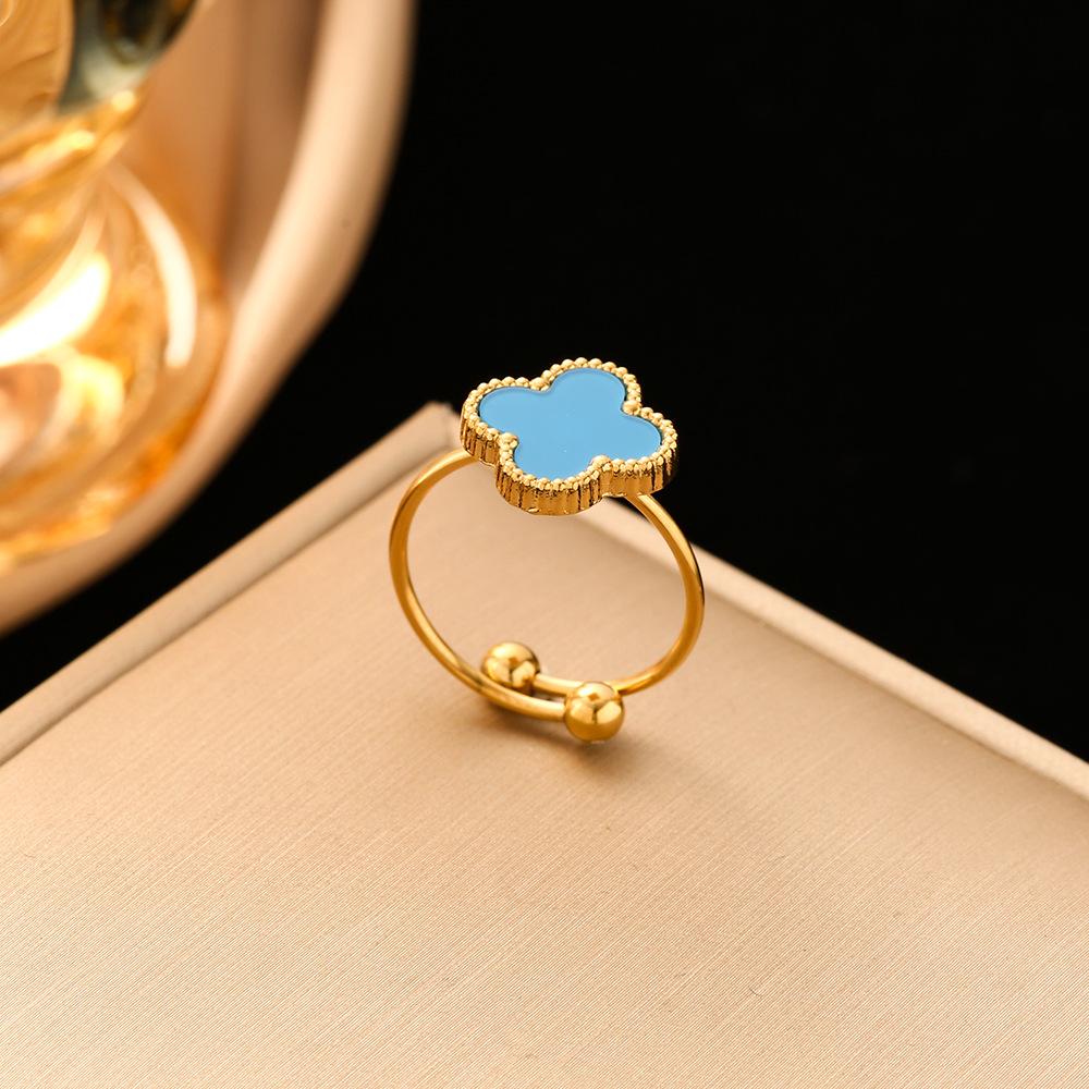 Anello da donna in acciaio al titanio 18k di alta qualità con quadrifoglio, regolabile, con apertura a forma di cento anelli alla moda