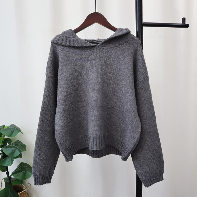 

Утепленный вязаный свитер с капюшоном, новый осенне-зимний, простого стиля, однотонный, свободный и тонкий свитер-пуловер для женщин one size fits all серый