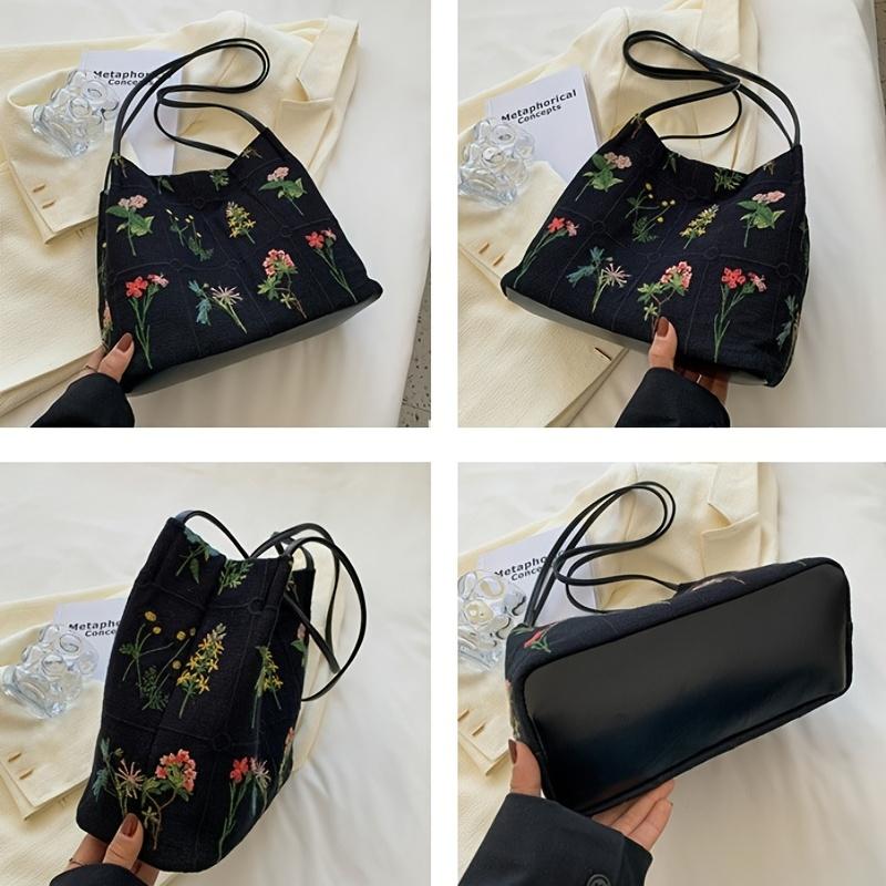 Floral Embroidery Shoulder Bag Vintage Daily Bucket Bag Fashion Handbags For Women