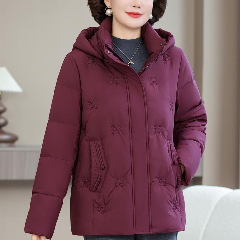 Jachetă Puf Scurtă pentru Femei de Vârstă Mijlocie Mărimi Mari XL-6XL Îmbrăcăminte Exterioară de Iarnă cu Glugă Elegantă Broderie Groasă Caldă Jachete de Puf