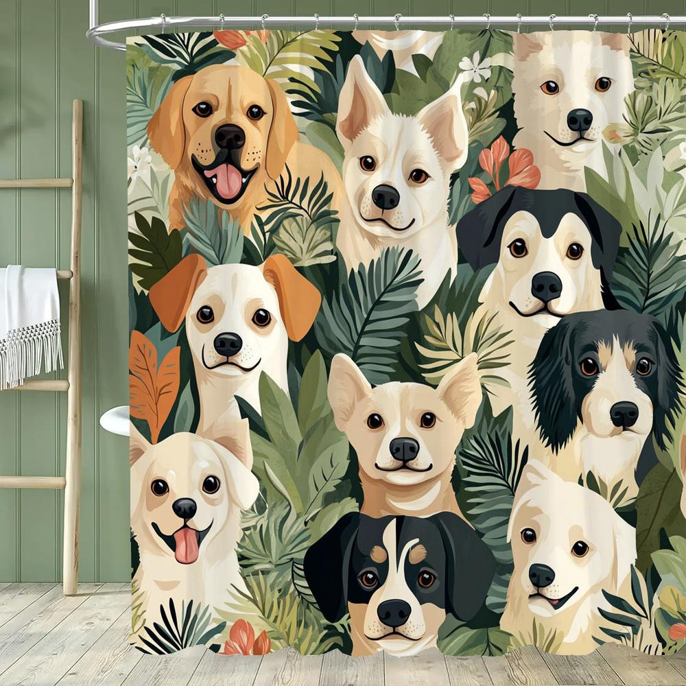 1 piece Cartoon Cat Shower Curtain, Cute Cat and Dog Bathroom Decorative Curtain, Home Printed Polyester Curtain with Hooks