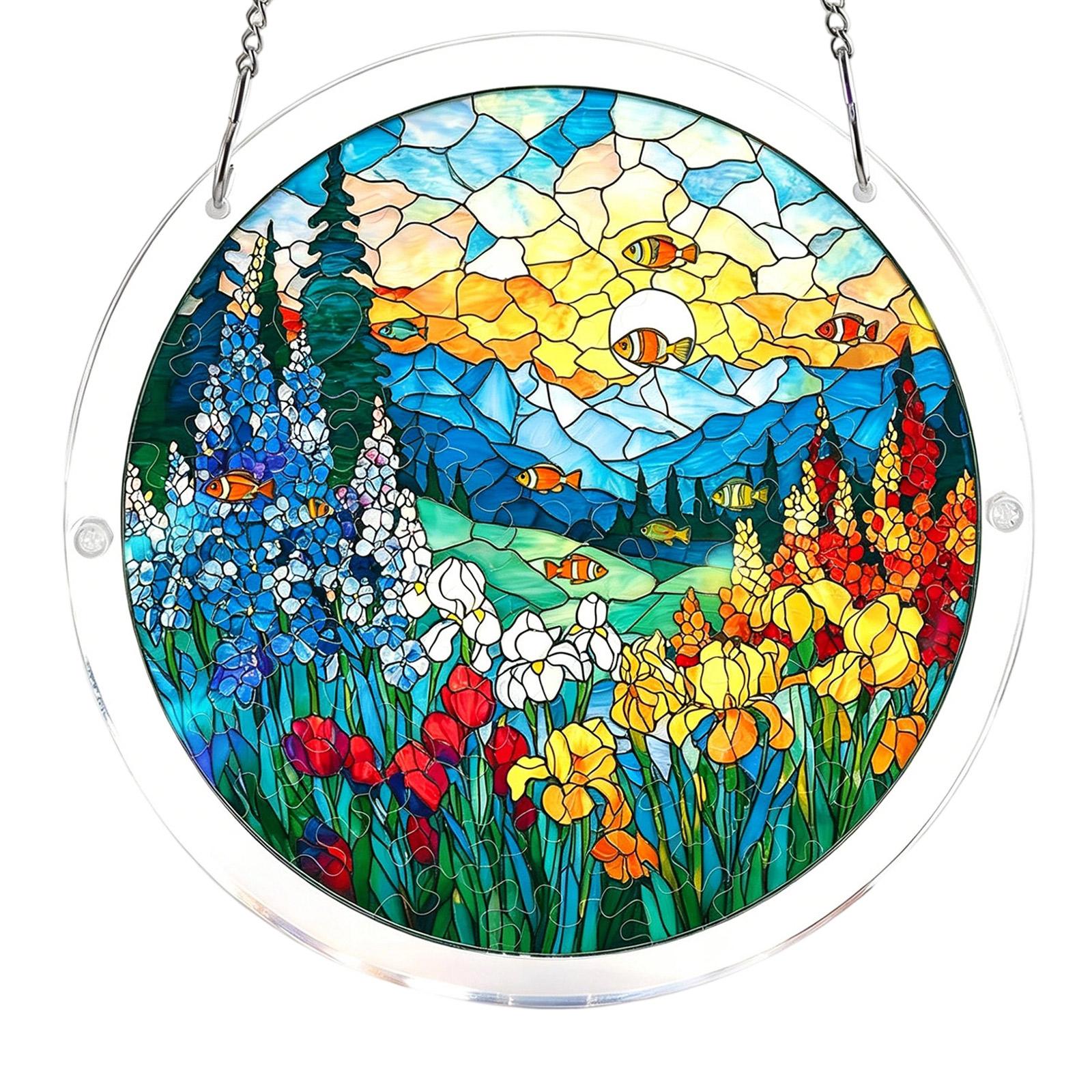 

83 Pieces Acrylic Stained Glass Style Hanging Ornament 2D Puzzle Window Decoration with Chain for Indoor Use One Size