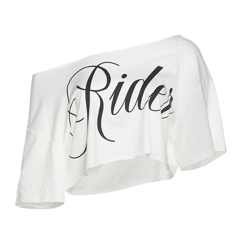Women Off Shoulder Rides Letter Print Crop T-Shirt, Loose Short Sleeve Y2K Slant Shoulder White Casual Top S белый