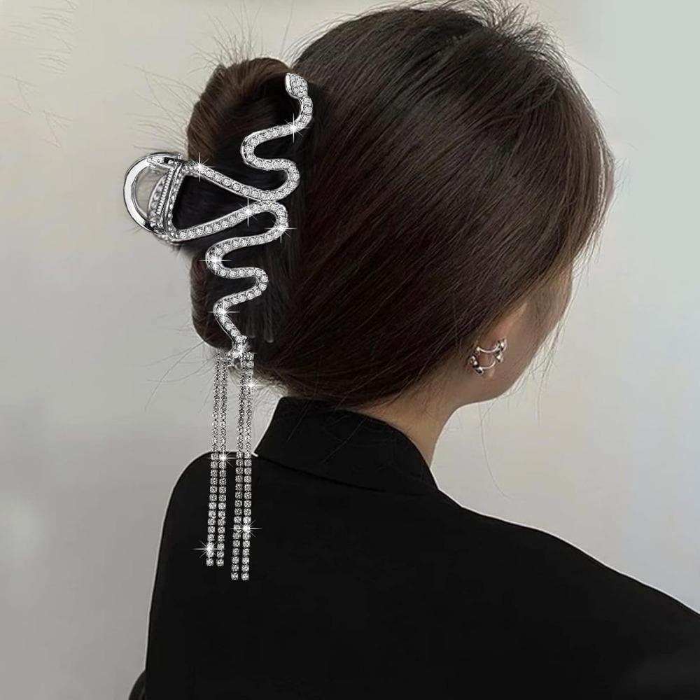 

Заколки-крабы для женщин, металлические, серебряные, золотые, в форме змеиного когтя для густых волос, заколки-крабы со стразами и блестящими кисточками, аксессуары для волос для женщин 1PCS