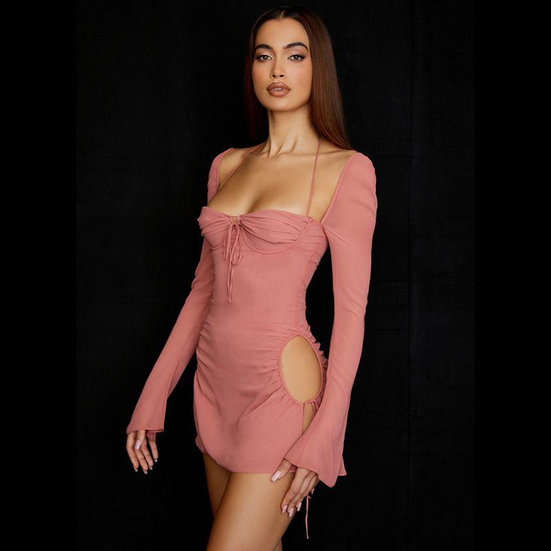 

French Pure Desire Style Elegant Square Collar Long Sleeve Black Dress Fashion Ins Sexy Tight Halterneck Strap Sexy Dress Pink Side Cut Out Fashion code M = Domestic Code L