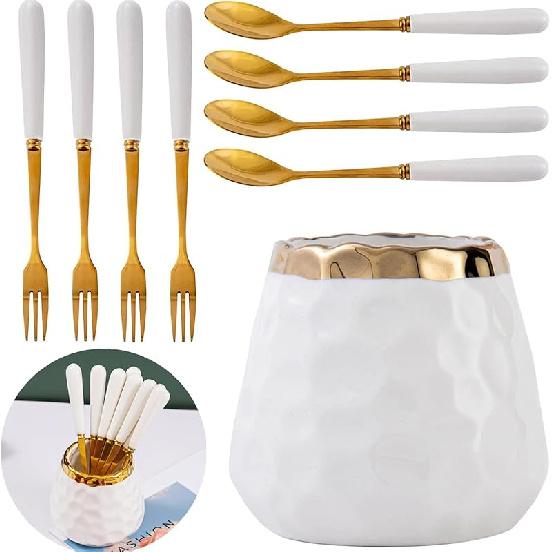 9 Pcs Coffee Spoon Set, Ceramic Jar with 8 Small Spoons Coffee Spoon, Tea Spoon, Ice CreamSpoon, Cake Spoon, Ceramic handle Spoons White gold jar+4 spoons 4