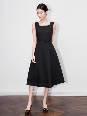 French High-End Square Neck Sleeveless Midi Dress with Waist-Gathering
