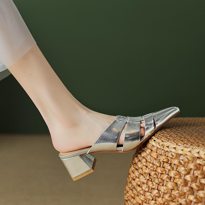 Fashion 2024 New Summer Women Shoes Pointed Toe Mules Women Solid Genuine Leather High Heel Mules Outside Slipper for Women Sandals