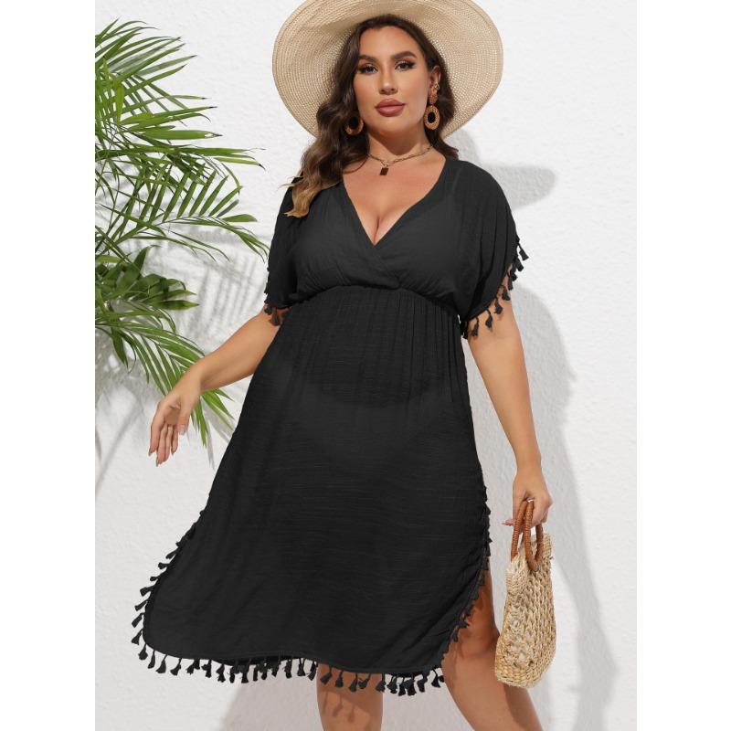 Plus Size Women's Beach Dress Holiday Bikini Cover-up Tassel Splicing Deep V Waist Dresses