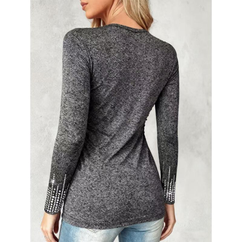Women S Long Sleeve V Neck Solid Rhinestone T Shirt Plus Size