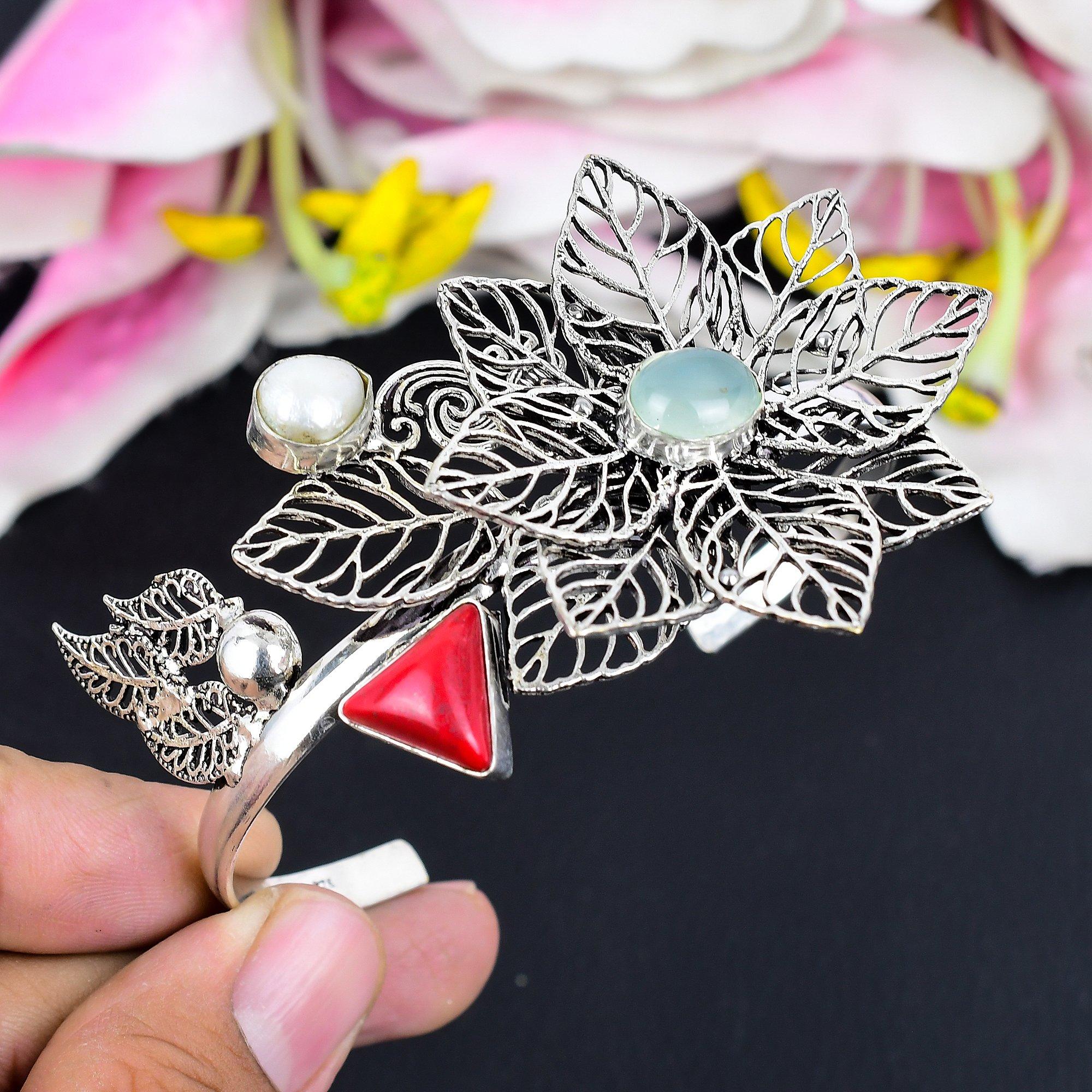 

Aquamarine, Pearl Gemstone 925 Sterling Silver Cuff Bangle Adjustable KG-1880