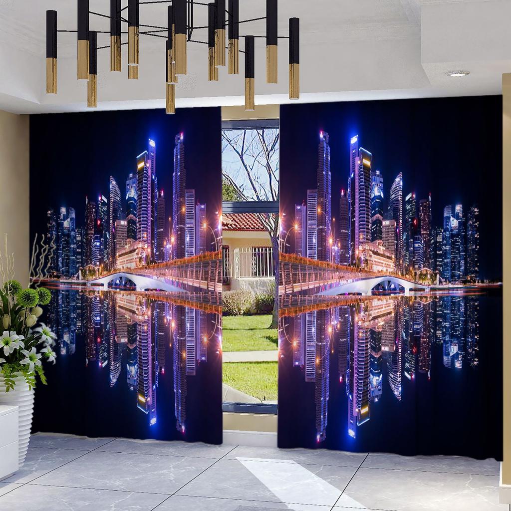 Urban Landscape 3D Digital Printing Polyester Black Silk Full Blackout Curtain Cloth Map
