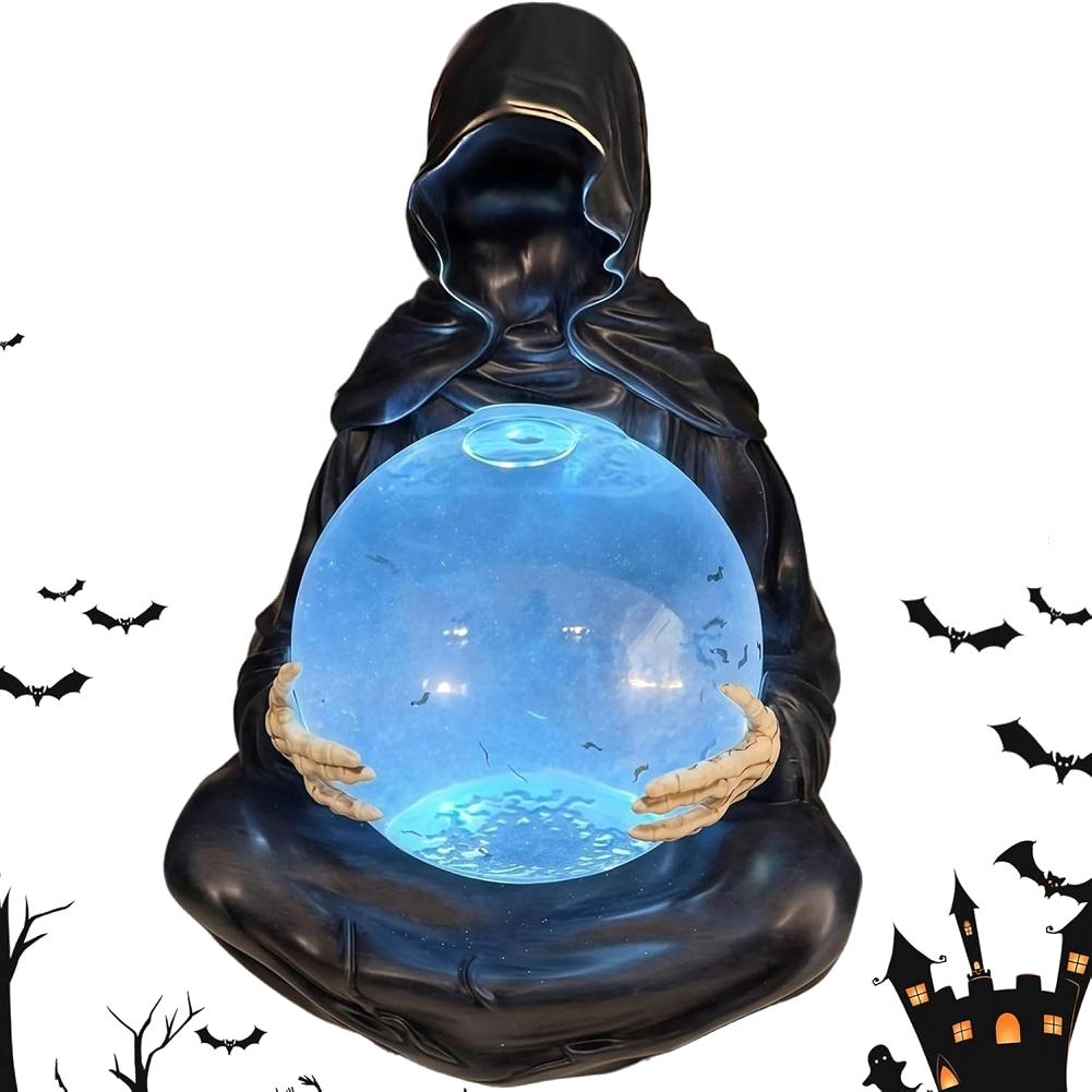 Gothic Grim Reaper Crystal Ball Statue with LED Light The Death Gods Liquid Glitter Motion Lamp Halloween Atmosphere Decor Prop