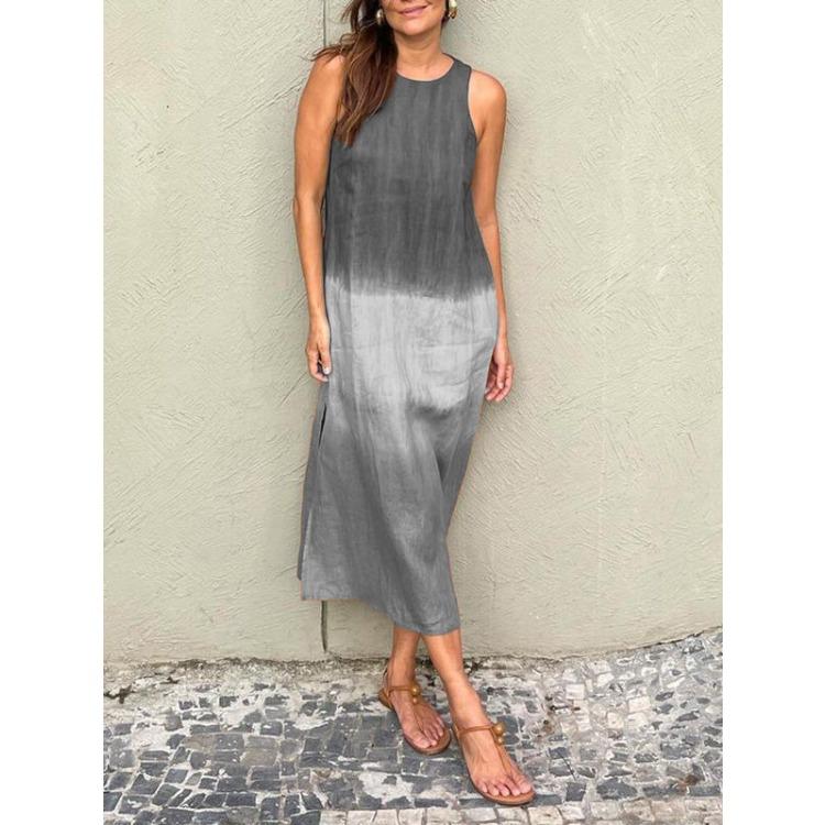 Women's Summer Loose-Fit Casual Cotton-Linen Sleeveless A-Line Skirt with Side Slit An Elegant Gradient Dress