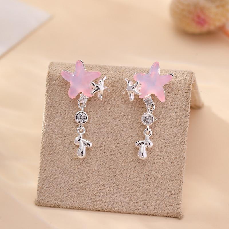 S925 Sterling Silver Blue Starfish Dangle Earrings Shiny Zircon Ocean Style Drop Earrings Sweet Fresh Women Daily BeachJewelry