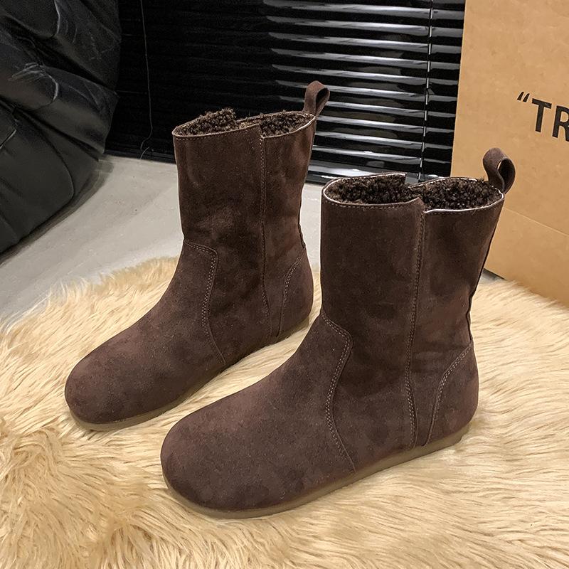 Damen Knöchelboots 2026 Herbst Winter Mode Runde Spitze Damen Kurze Stiefel Niedriger Absatz Plateau Lässig Plüsch Warm Baumwolle Botas Mujer