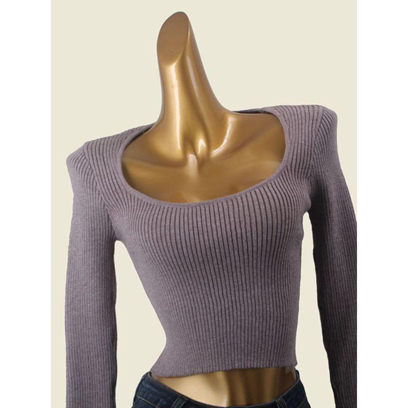 French Style Retro Scoop off-Shoulder Knitting Base Long Sleeves Women's Autumn High Waist Short Soft Glutinous Sunken Stripe Tops