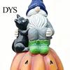 Autumn Home Accents Halloween Gnome Outdoor Garden Statue, Resin On Pumpkin Figurine with Hand Painted Yard Decor Black Cat, Fall Dwarf Sculpture for