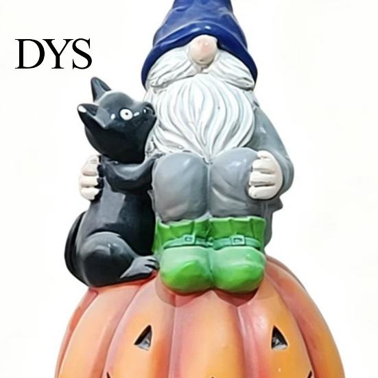 Autumn Home Accents Halloween Gnome Outdoor Garden Statue, Resin On Pumpkin Figurine with Hand Painted Yard Decor Black Cat, Fall Dwarf Sculpture for