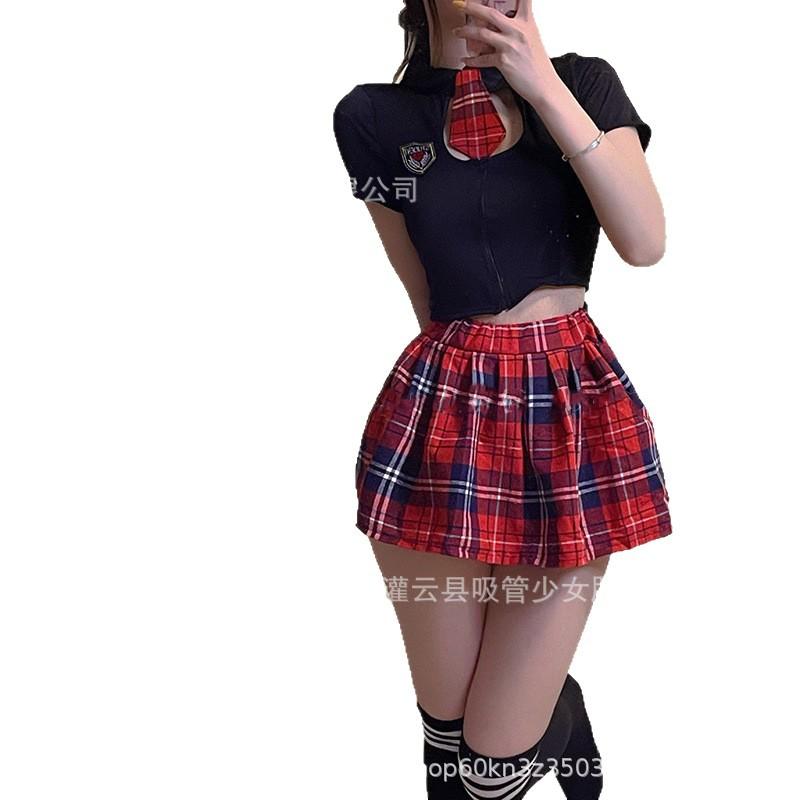 Sexy Lingerie Sexy Student Tie Red Grid Age Reduction JK Pleated Skirt Strap Live Streaming Host Nightclub