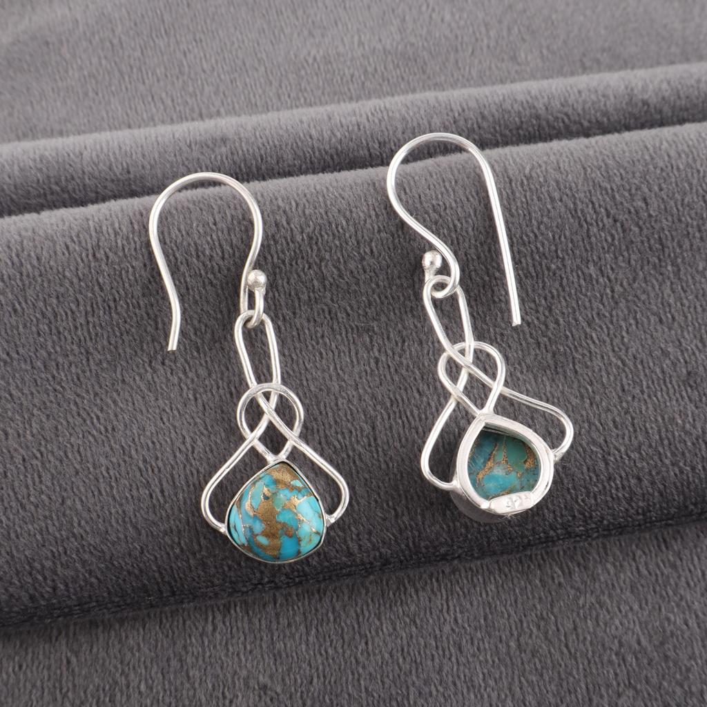 Blue Copper Turquoise Handmade Gemstone Earrings, 925 Sterling Silver Earrings Dainty Silver Jewelry, For Engagement Gift