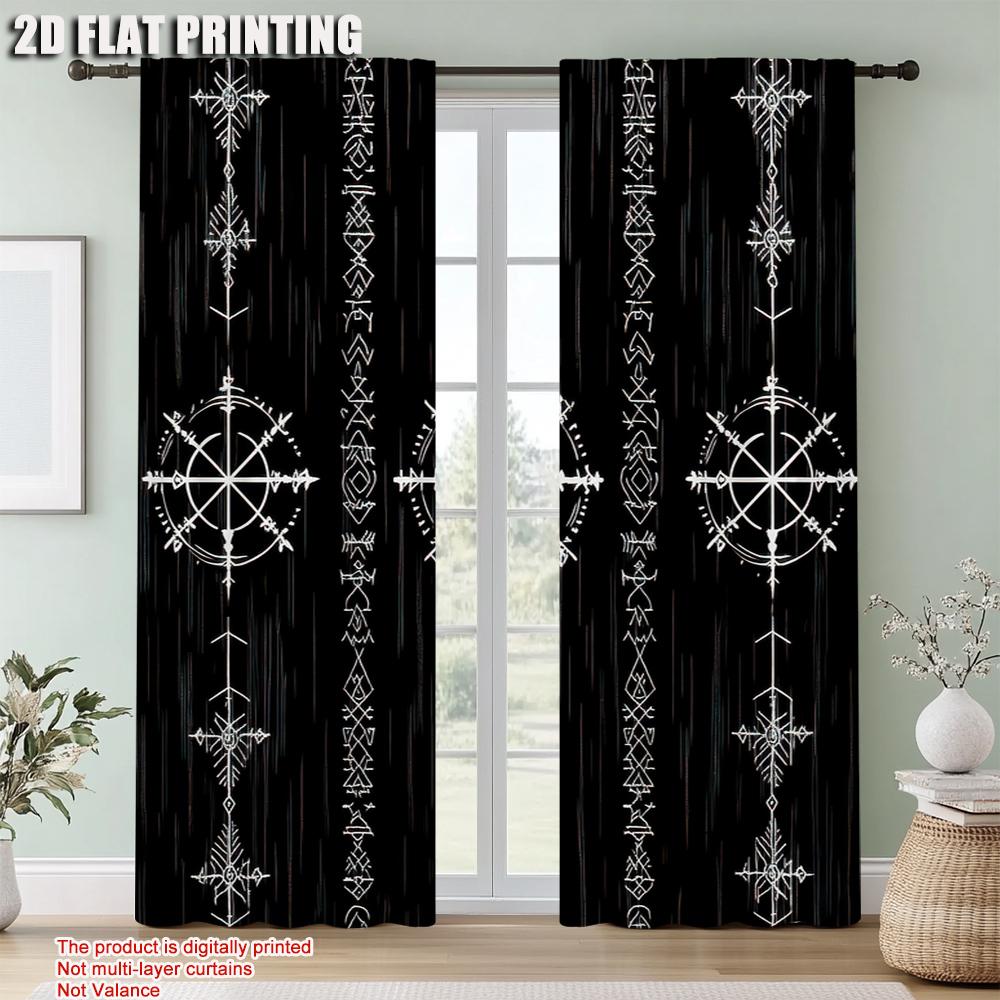 2 Stück Schwarzer Hintergrund Wikinger-Symbol Lichtfilternde Vorhänge Polyester Perfekt für Schlafzimmer Wohnzimmer Dekor