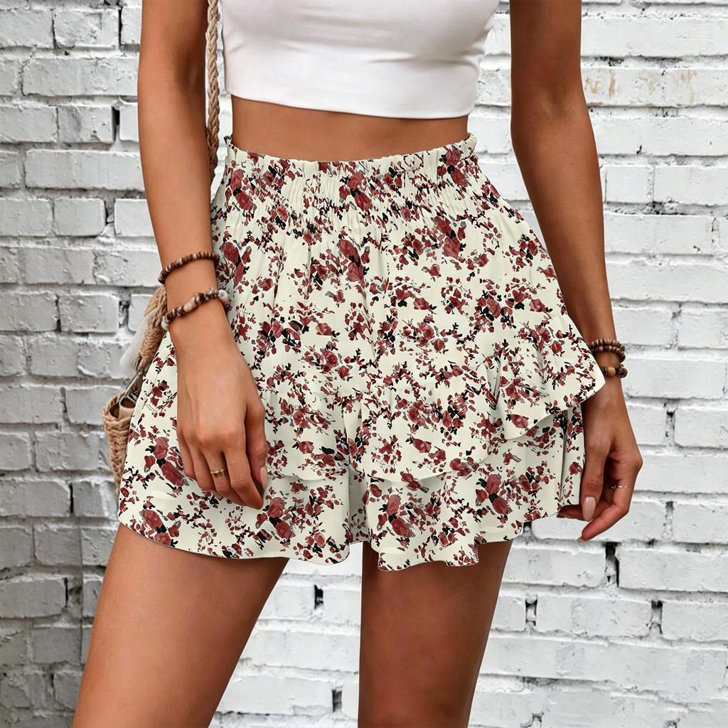 Women’s High Waist Ruffle Hem Polka Dot Print Casual Loose Fit Shorts with Elastic Waistband and Layered Design