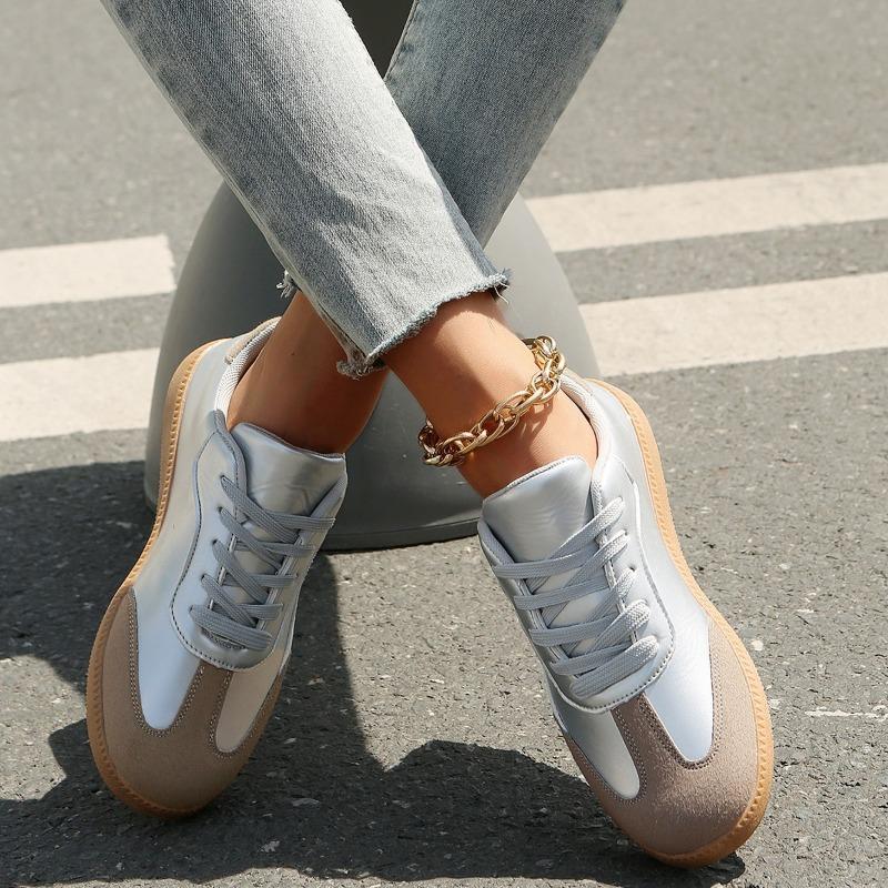 2024 Culori asortate cu vârf rotund, gură superficială, pantofi vulcanizați pentru femei, cu șireturi, toc plat, cu gură mică, pantofi confortabili pentru femei