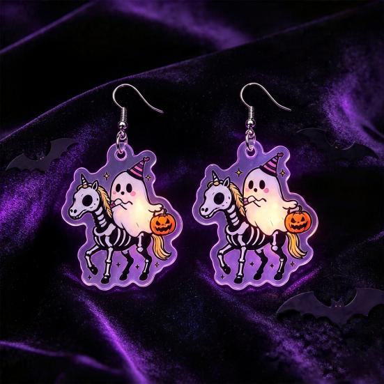 Holiday Party Accessories 1 Pair Acrylic Halloween Earrings for Women, 2D Flat Cute Cartoon Funny Skeleton Earring Ghost Skull Dangle Drop Earrings,