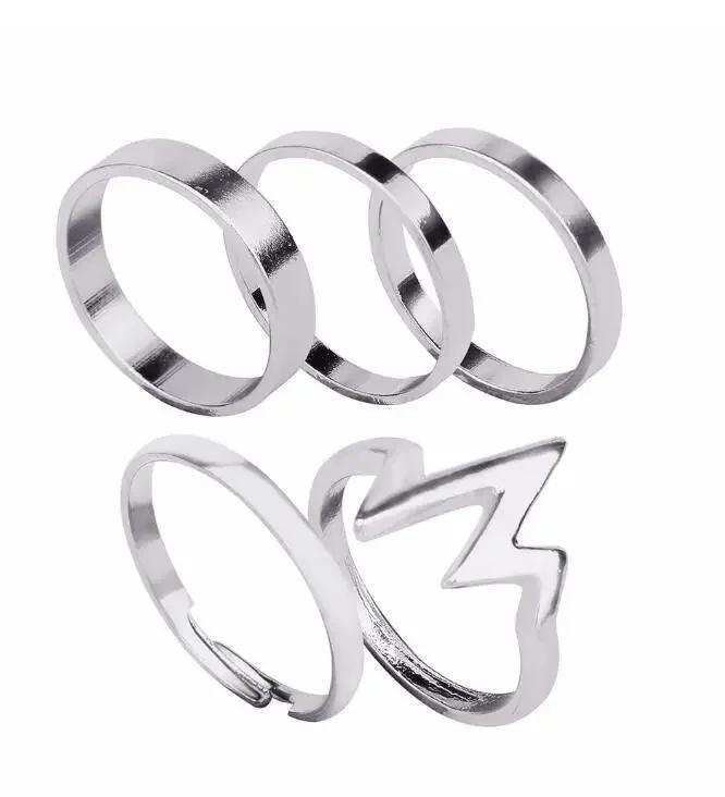 

5 шт./набор Новая Мода Трендовые Ювелирные Изделия Кольца на Палец в Виде Молний и Волн Набор Подарок для Женщин Девушек Кольца для Женщин sliver