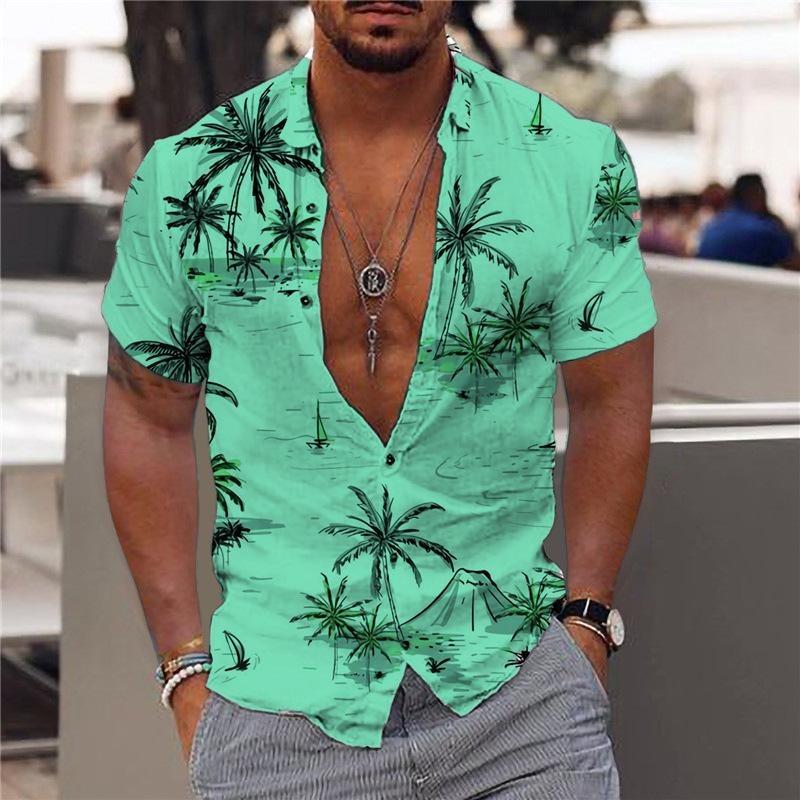 Camisa Havaiana Casual de Verão Masculina com Colarinho Cardigã de Lapela com Botões de Manga Curta